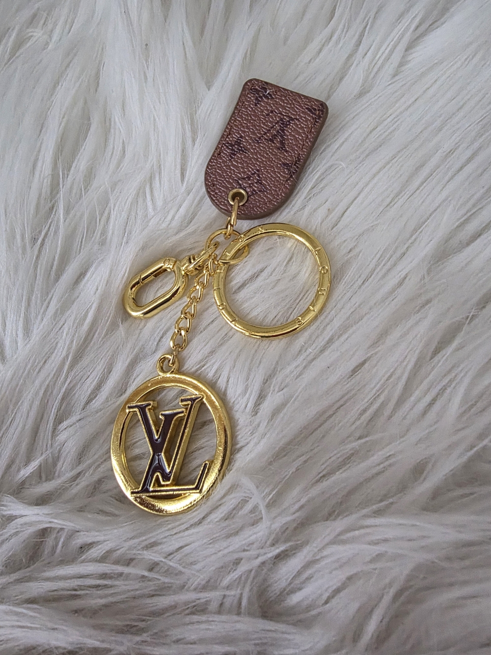 Designer-Inspired Brown Monogram Leather and Gold Keychain Bag Charm